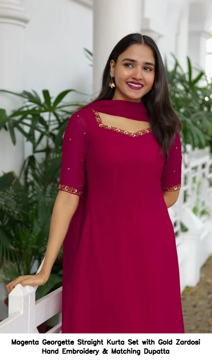 Magenta Georgette Straight Kurta Set with Gold Zardosi Hand Embroidery & Matching Dupatta - Image 5