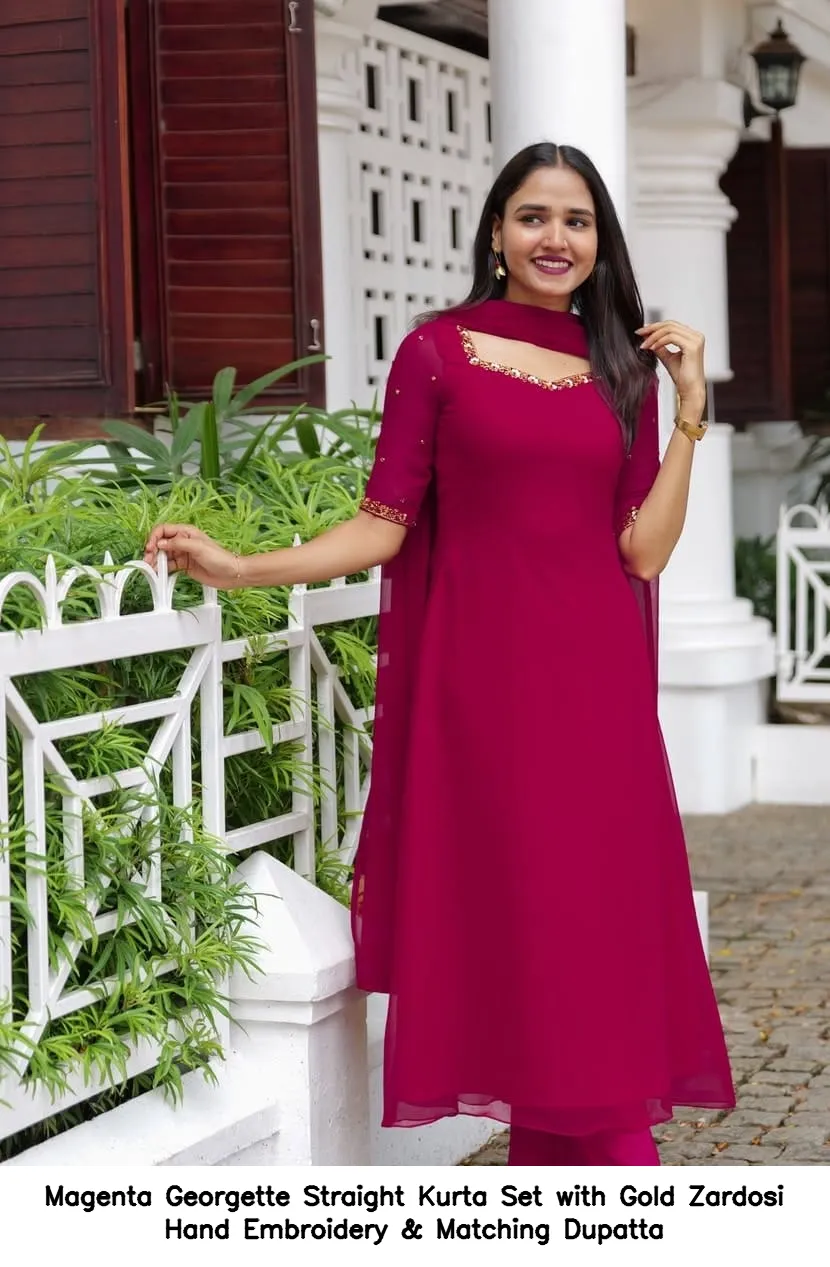 Magenta Georgette Straight Kurta Set with Gold Zardosi Hand Embroidery & Matching Dupatta - Image 6