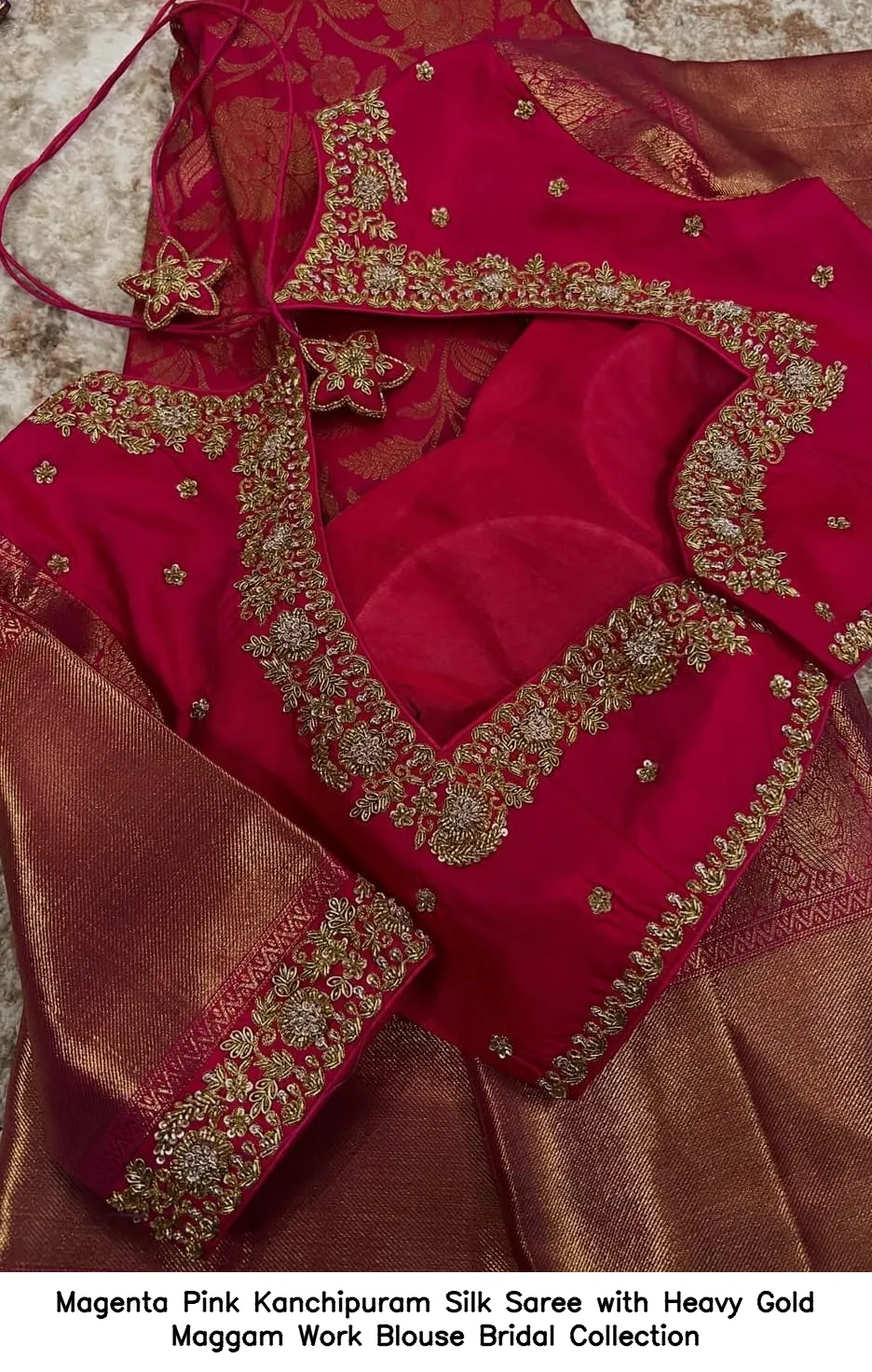 Magenta Pink Kanchipuram Silk Saree with Heavy Gold Maggam Work Blouse – Bridal Collection