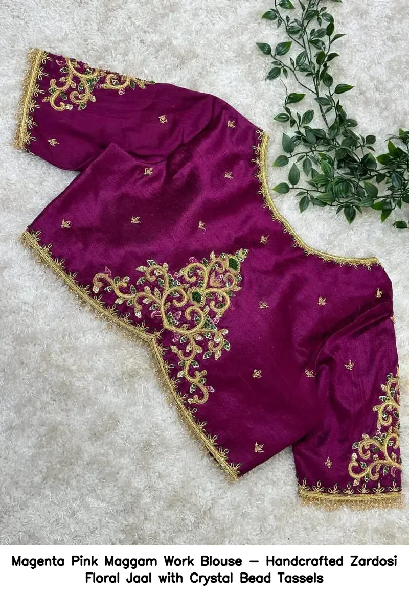 Magenta Pink Maggam Work Blouse - Handcrafted Zardosi Floral Jaal with Crystal Bead Tassels