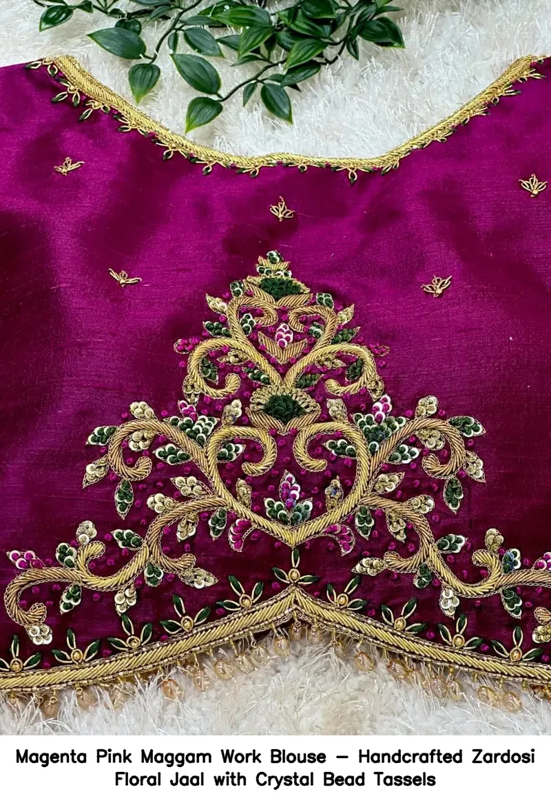 Magenta Pink Maggam Work Blouse - Handcrafted Zardosi Floral Jaal with Crystal Bead Tassels - Image 3