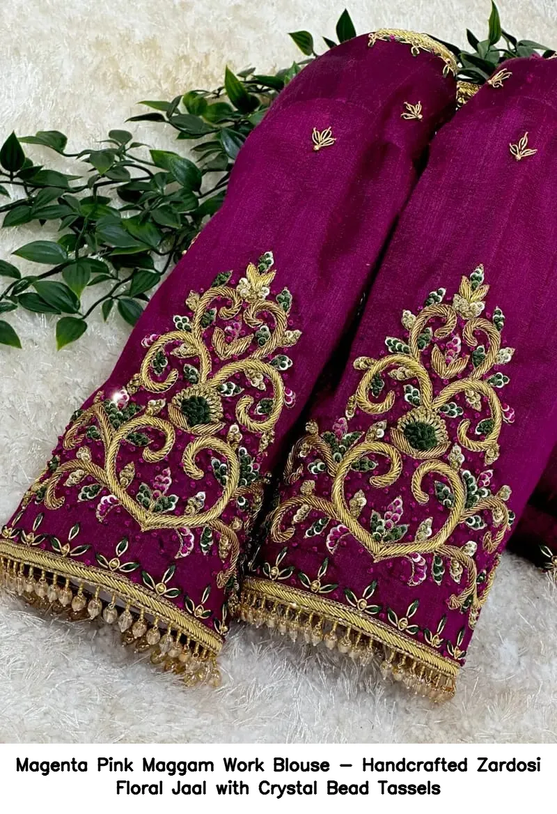 Magenta Pink Maggam Work Blouse - Handcrafted Zardosi Floral Jaal with Crystal Bead Tassels - Image 4