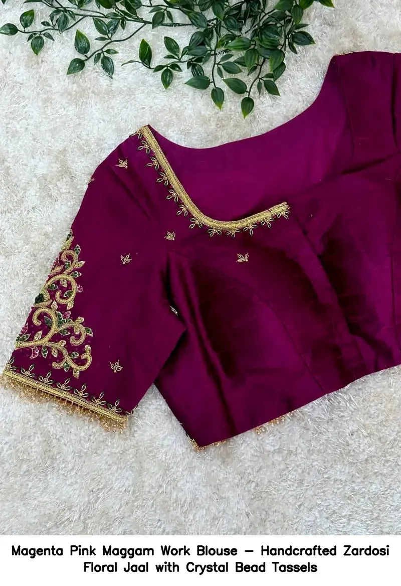 Magenta Pink Maggam Work Blouse - Handcrafted Zardosi Floral Jaal with Crystal Bead Tassels - Image 5