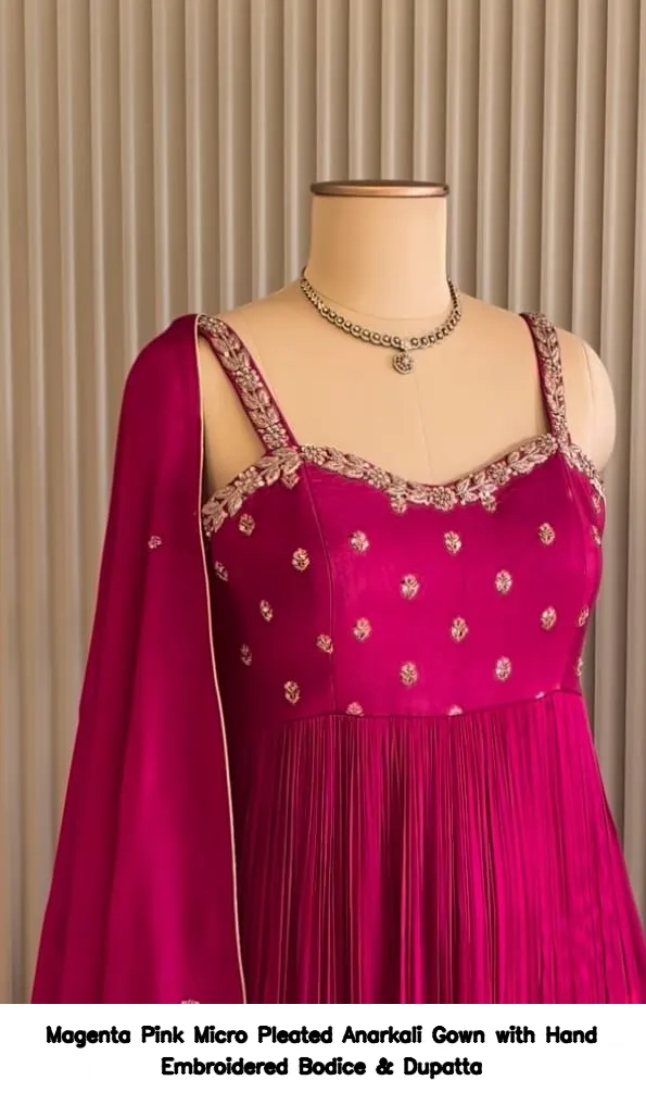 Magenta Pink Micro Pleated Anarkali Gown with Hand Embroidered Bodice & Dupatta - Image 2