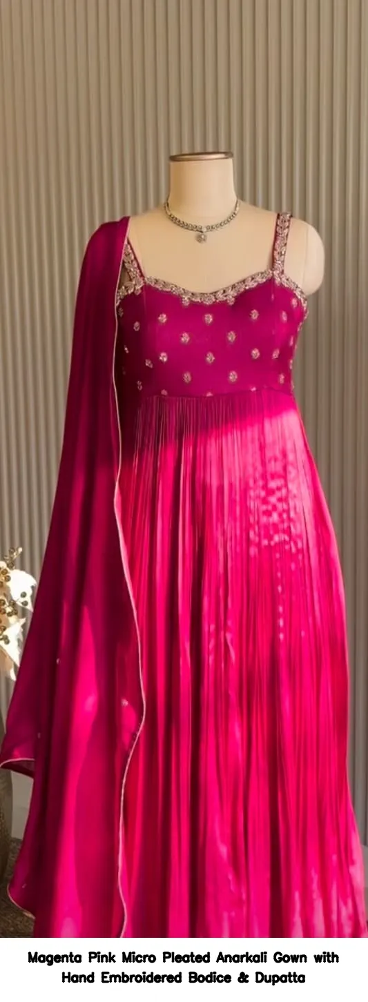 Magenta Pink Micro Pleated Anarkali Gown with Hand Embroidered Bodice & Dupatta - Image 3