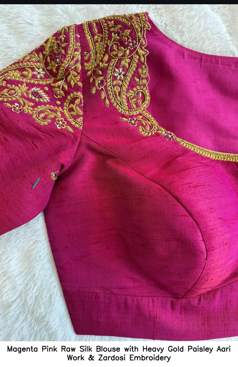 Magenta Pink Raw Silk Blouse with Heavy Gold Paisley Aari Work & Zardosi Embroidery