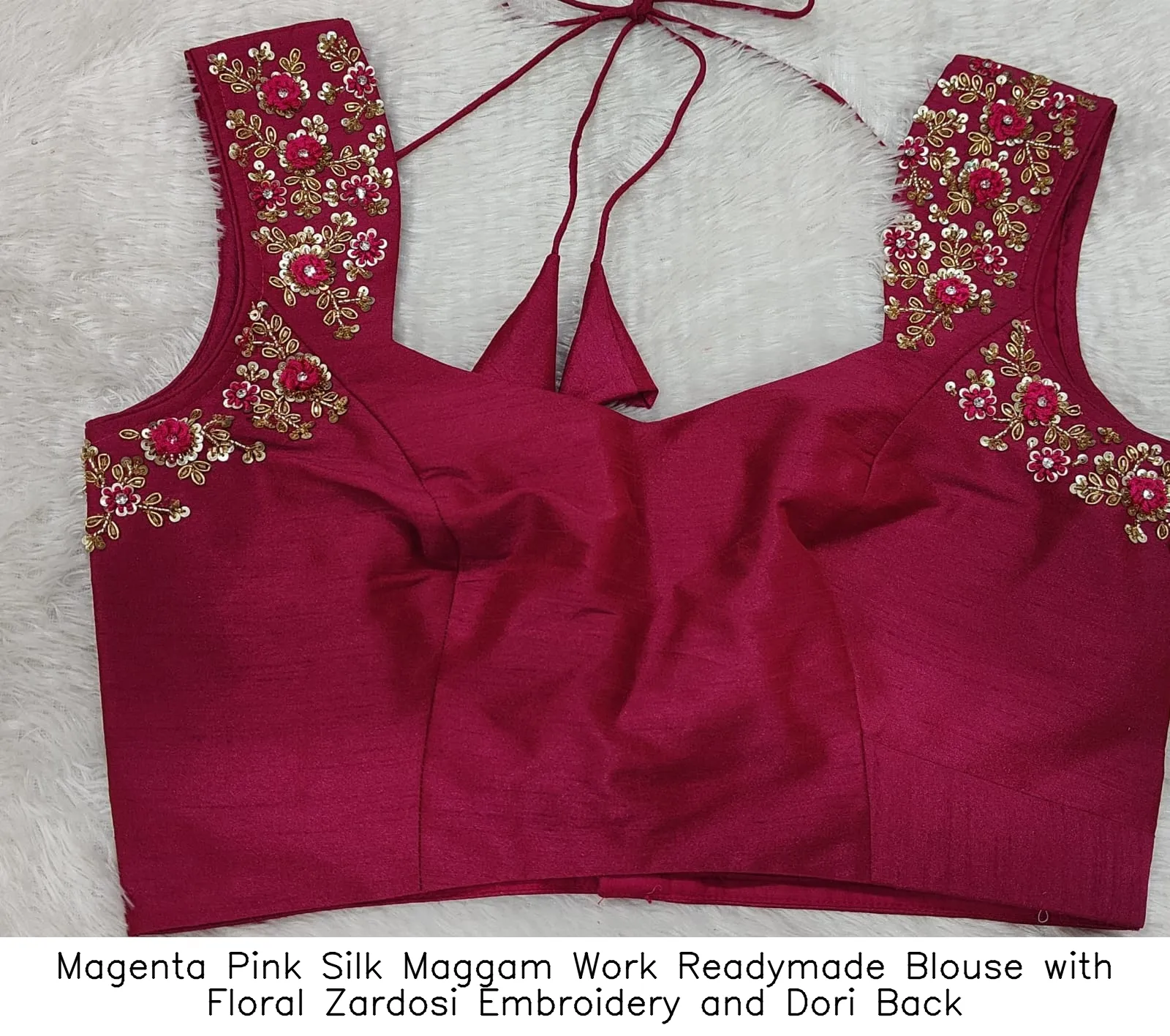 Magenta Pink Silk Maggam Work Readymade Blouse with Floral Zardosi Embroidery and Dori Back