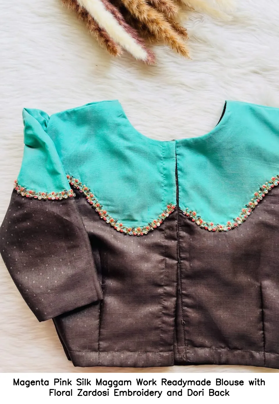 Magenta Pink Silk Maggam Work Readymade Blouse with Floral Zardosi Embroidery and Dori Back