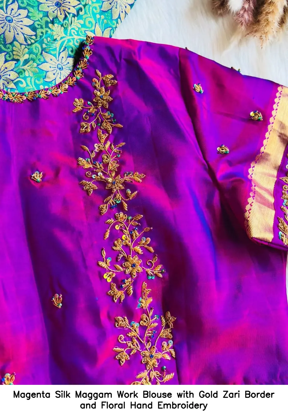 Magenta Silk Maggam Work Blouse with Gold Zari Border and Floral Hand Embroidery