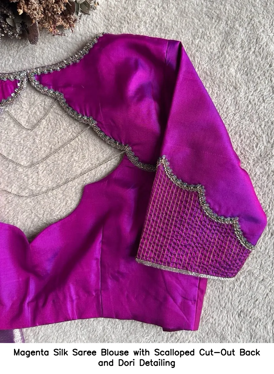 Magenta Silk Saree Blouse with Scalloped Cut-Out Back and Dori Detailing