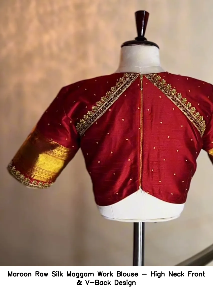 Maroon Raw Silk Maggam Work Blouse - High Neck Front & V-Back Design