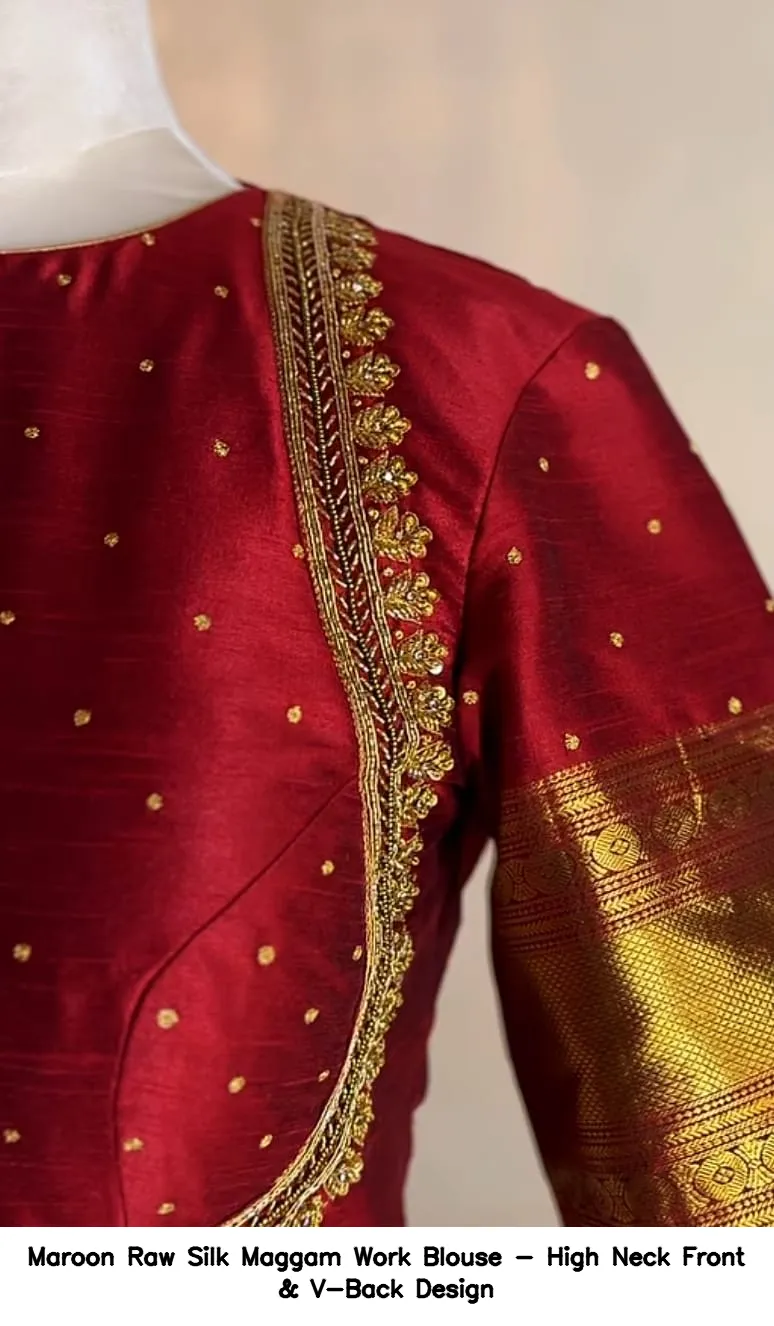 Maroon Raw Silk Maggam Work Blouse - High Neck Front & V-Back Design - Image 2