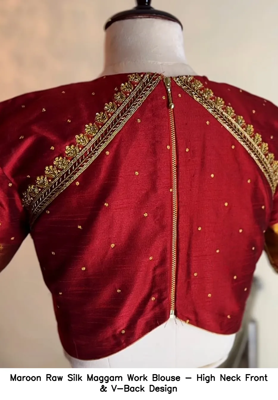 Maroon Raw Silk Maggam Work Blouse - High Neck Front & V-Back Design - Image 3