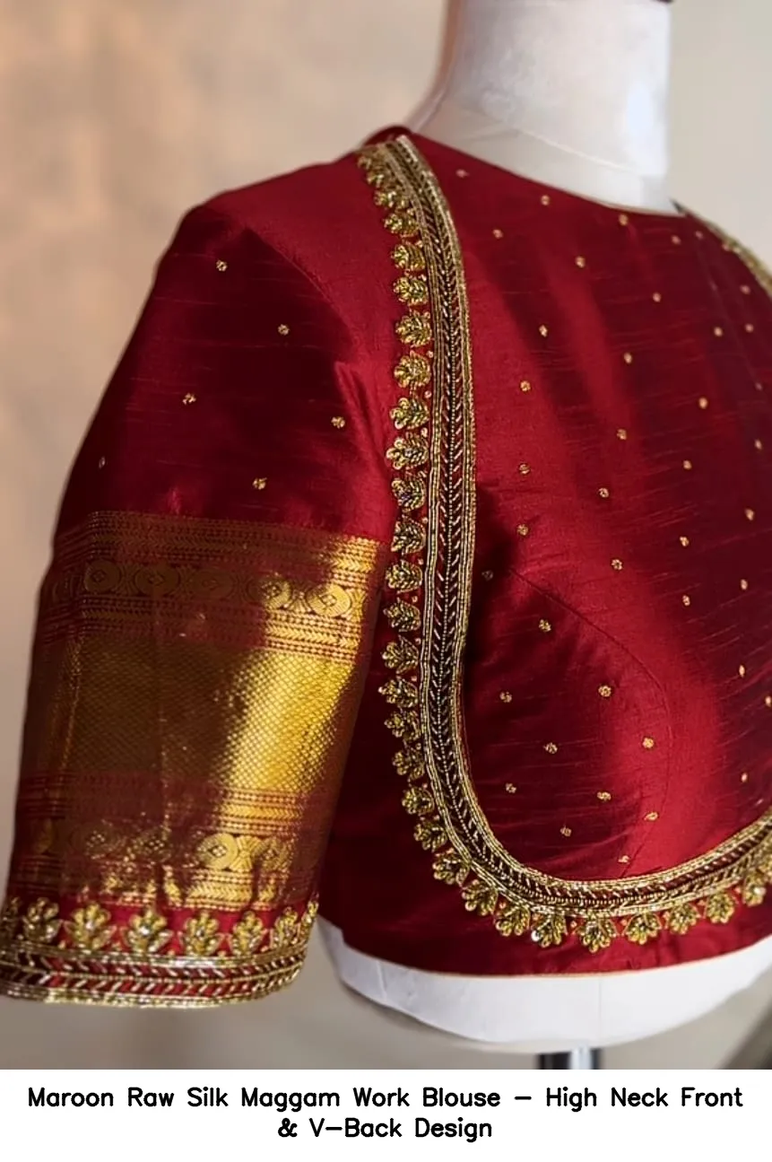 Maroon Raw Silk Maggam Work Blouse - High Neck Front & V-Back Design - Image 5