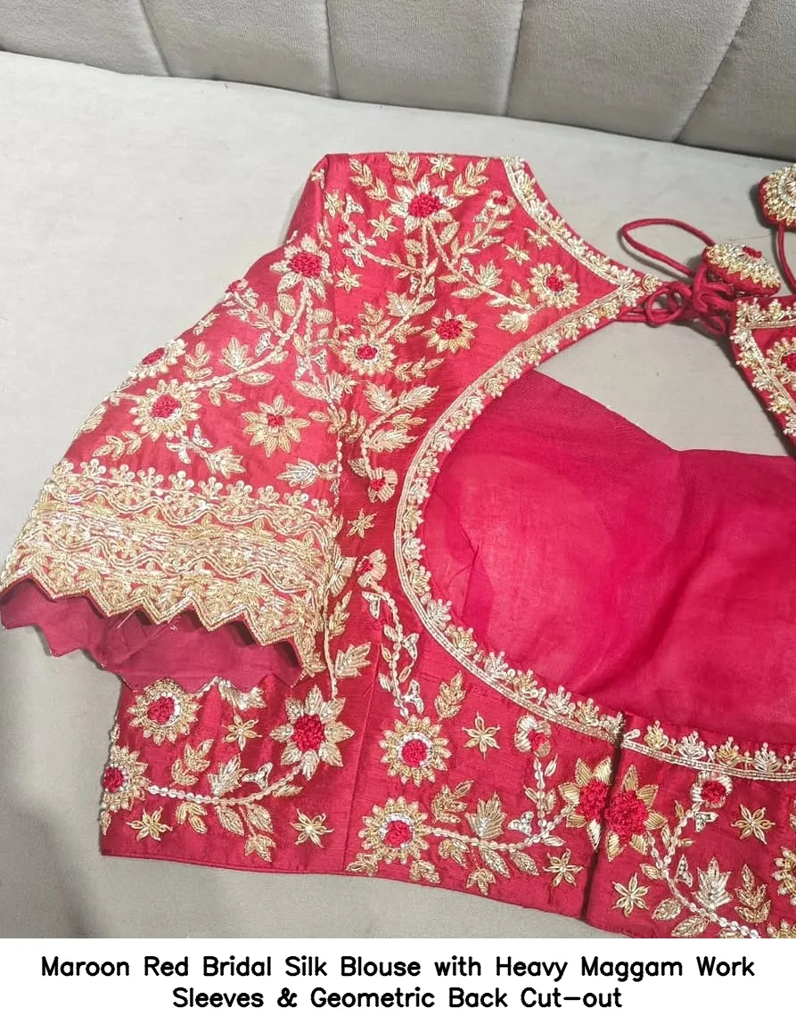 Maroon Red Bridal Silk Blouse with Heavy Maggam Work Sleeves & Geometric Back Cut-out