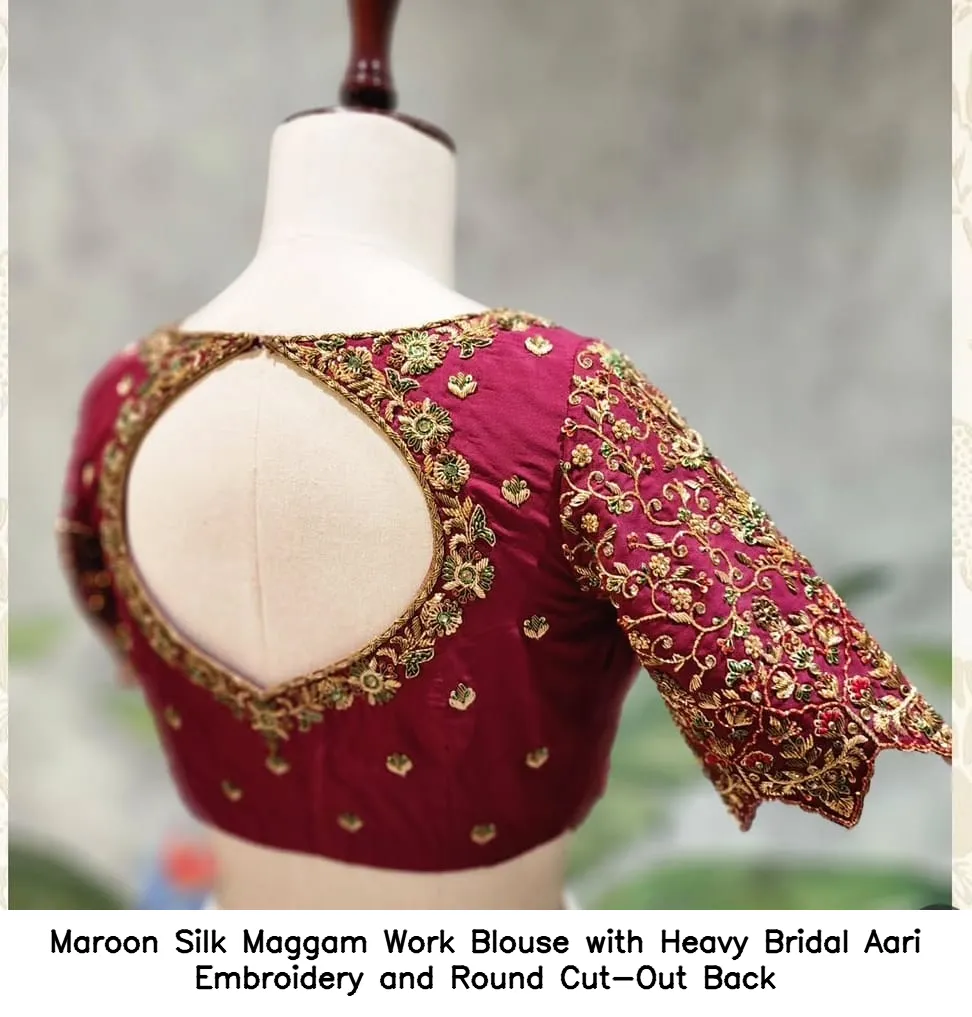 Maroon Silk Maggam Work Blouse with Heavy Bridal Aari Embroidery and Round Cut-Out Back