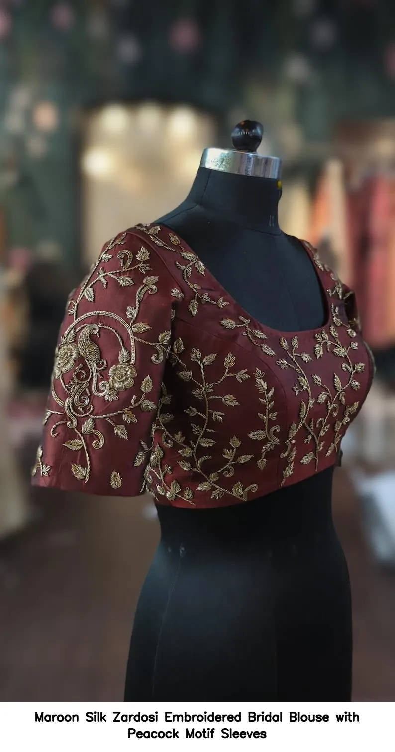 Maroon Silk Zardosi Embroidered Bridal Blouse with Peacock Motif Sleeves