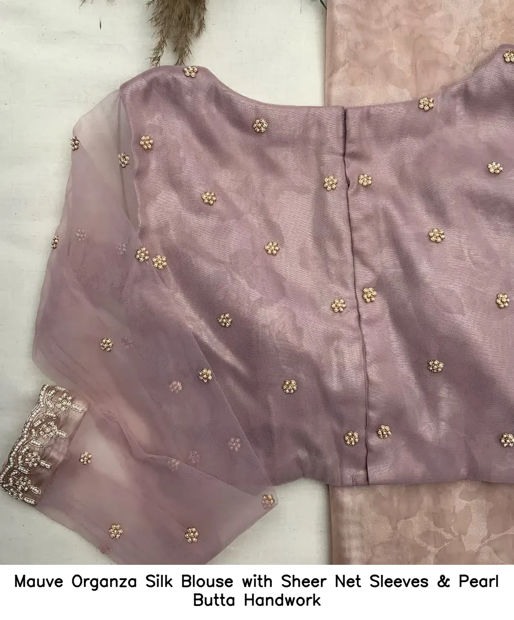 Mauve Organza Silk Blouse with Sheer Net Sleeves & Pearl Butta Handwork - Image 2