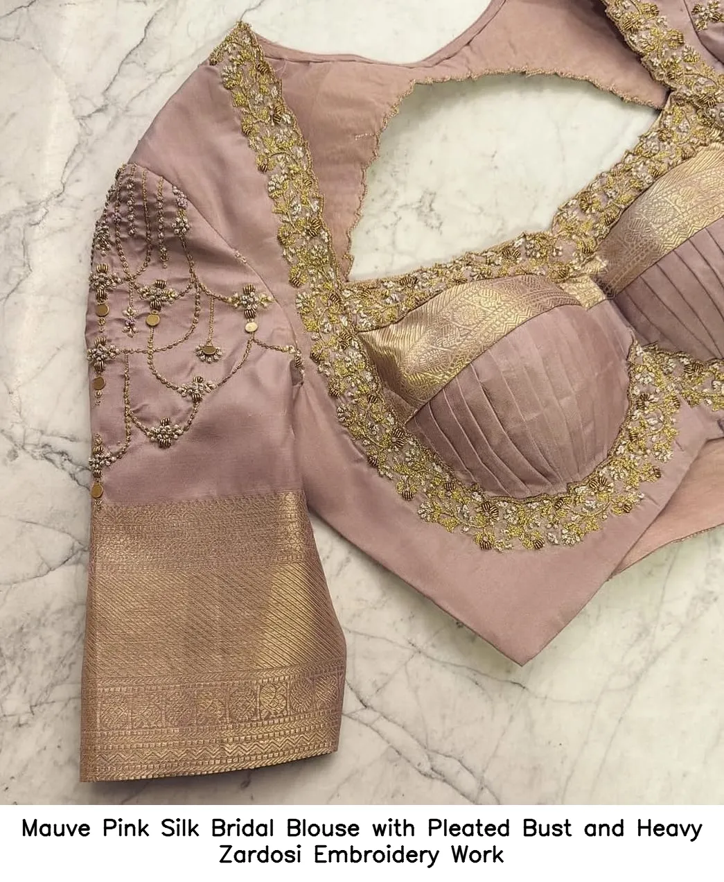 Mauve Pink Silk Bridal Blouse with Pleated Bust and Heavy Zardosi Embroidery Work