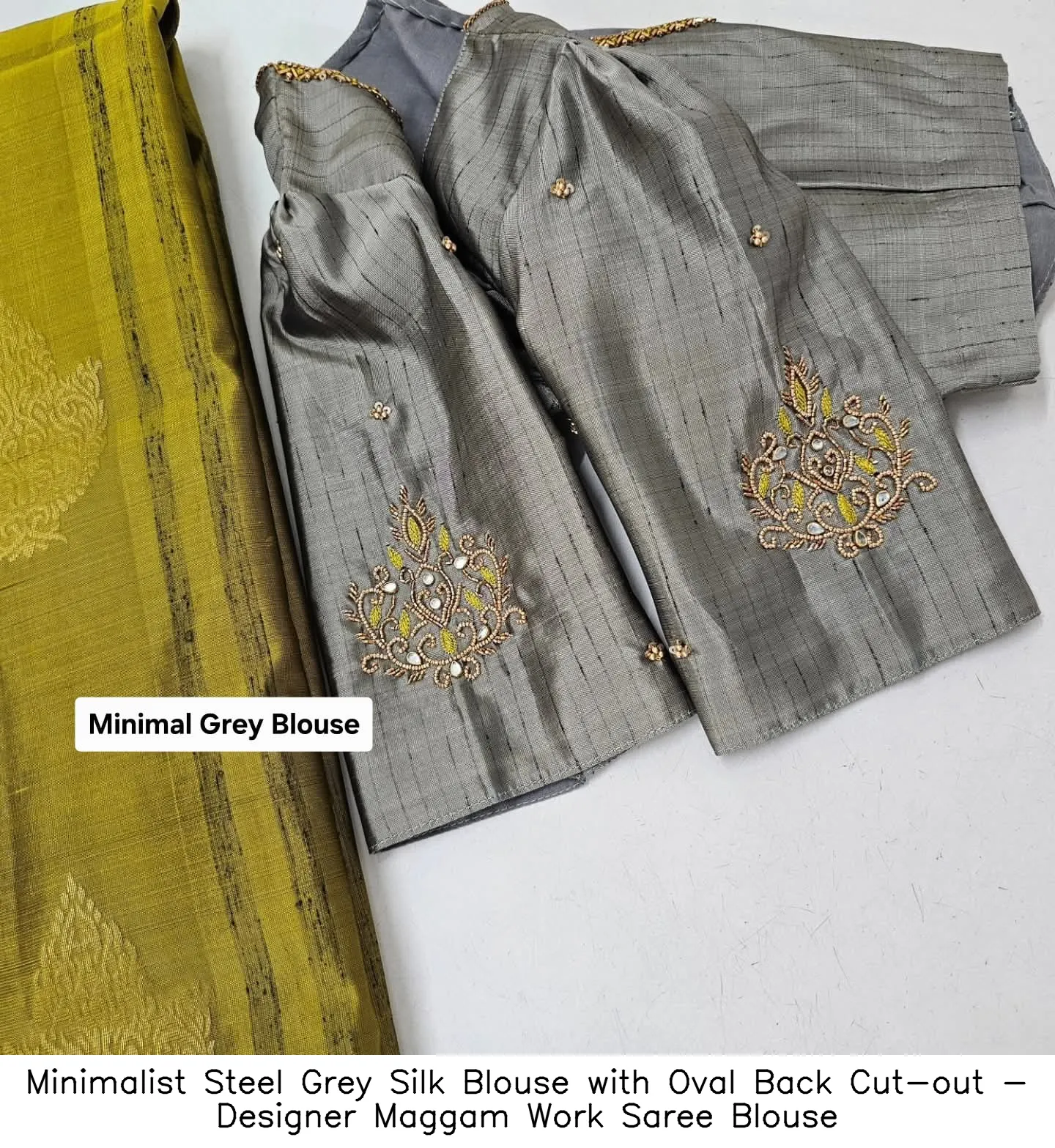 Minimalist Steel Grey Silk Blouse with Oval Back Cut-out - Designer Maggam Work Saree Blouse