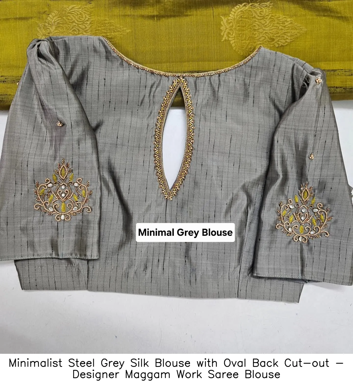 Minimalist Steel Grey Silk Blouse with Oval Back Cut-out - Designer Maggam Work Saree Blouse - Image 2