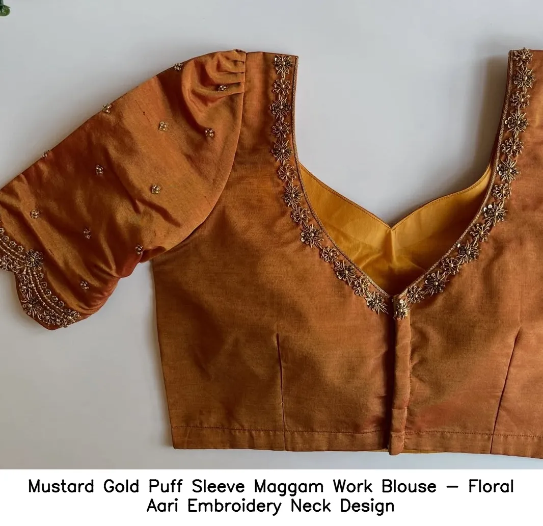 Mustard Gold Puff Sleeve Maggam Work Blouse - Floral Aari Embroidery Neck Design - Xl