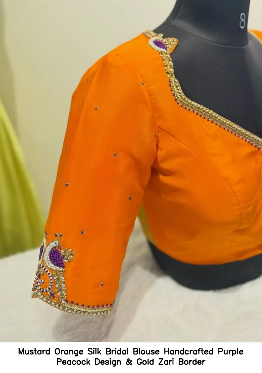 Mustard Orange Silk Bridal Blouse – Handcrafted Purple Peacock Design & Gold Zari Border