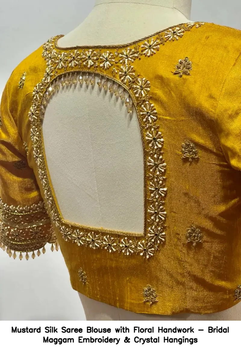 Mustard Silk Saree Blouse with Floral Handwork - Bridal Maggam Embroidery & Crystal Hangings - Image 2