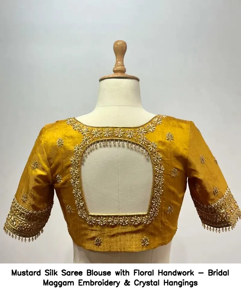 Mustard Silk Saree Blouse with Floral Handwork - Bridal Maggam Embroidery & Crystal Hangings - Image 3