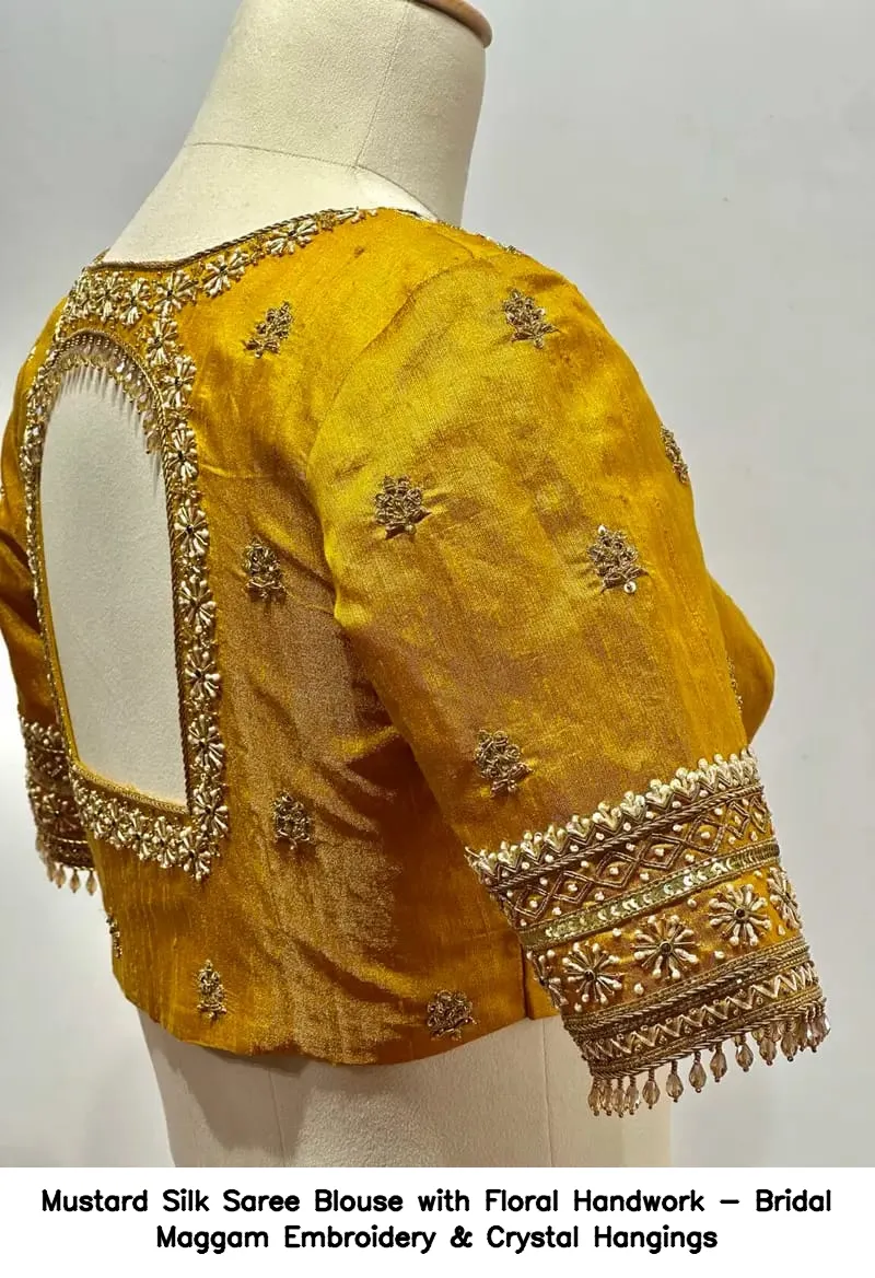 Mustard Silk Saree Blouse with Floral Handwork - Bridal Maggam Embroidery & Crystal Hangings - Image 4