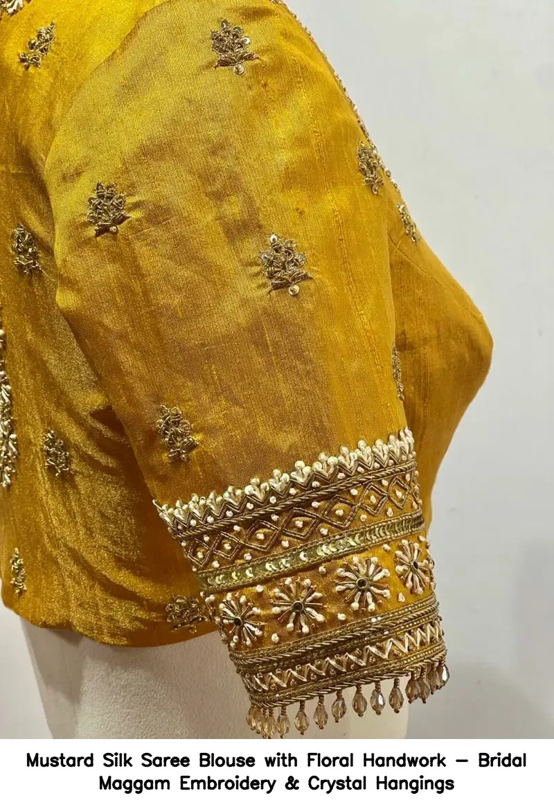 Mustard Silk Saree Blouse with Floral Handwork - Bridal Maggam Embroidery & Crystal Hangings - Image 5