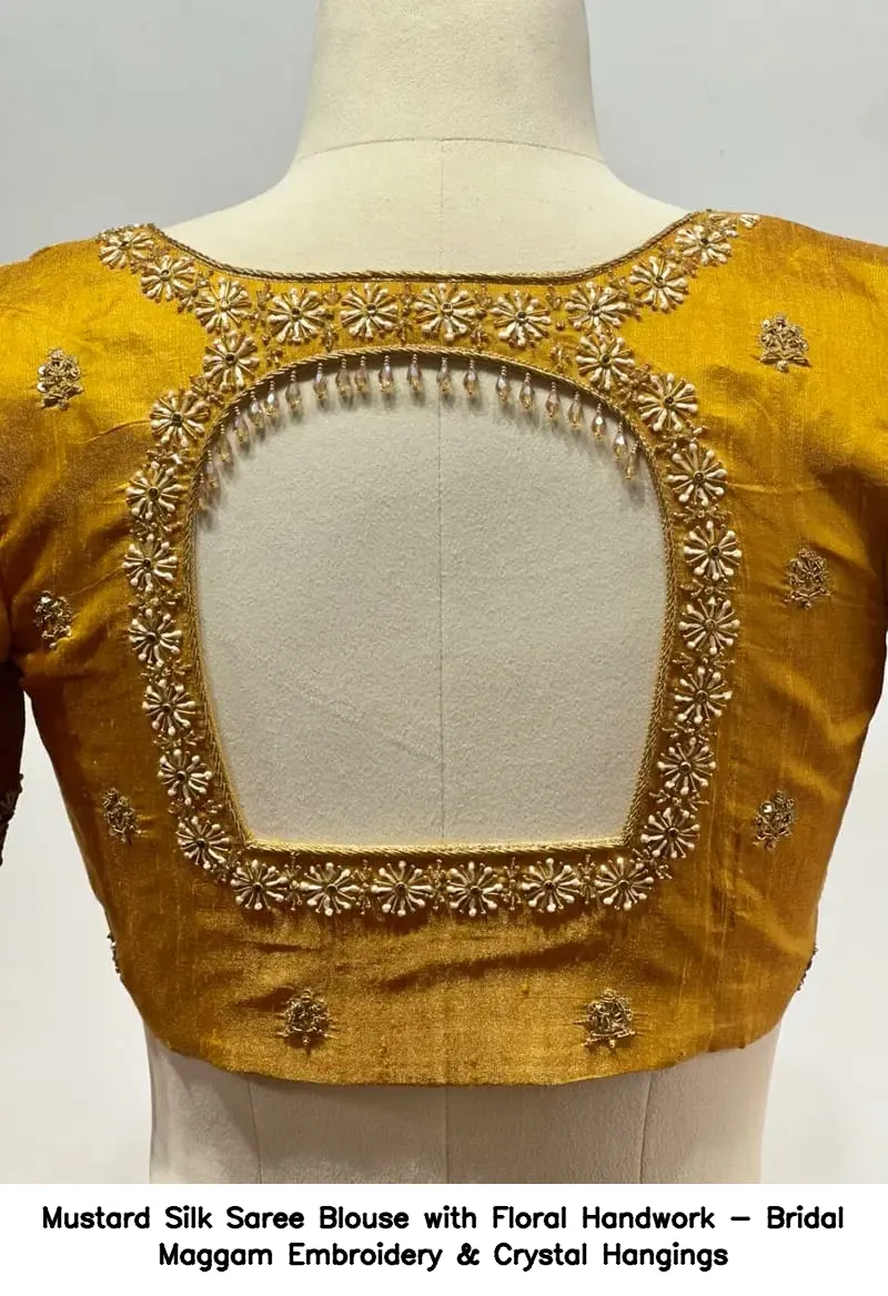 Mustard Silk Saree Blouse with Floral Handwork - Bridal Maggam Embroidery & Crystal Hangings - Image 6