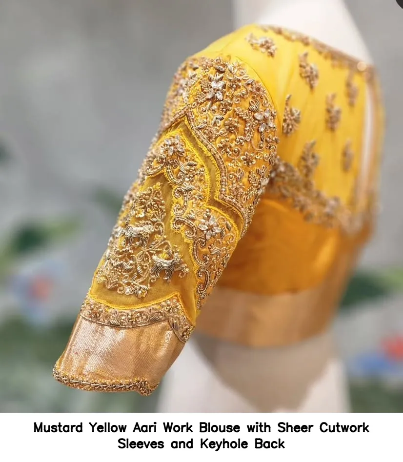 Mustard Yellow Aari Work Blouse with Sheer Cutwork Sleeves and Keyhole Back