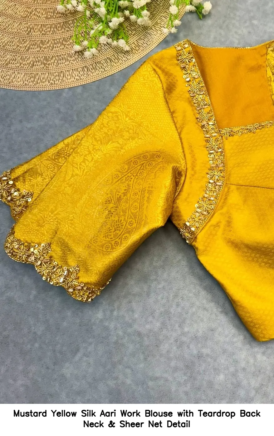 Mustard Yellow Silk Aari Work Blouse with Teardrop Back Neck & Sheer Net Detail - Image 2