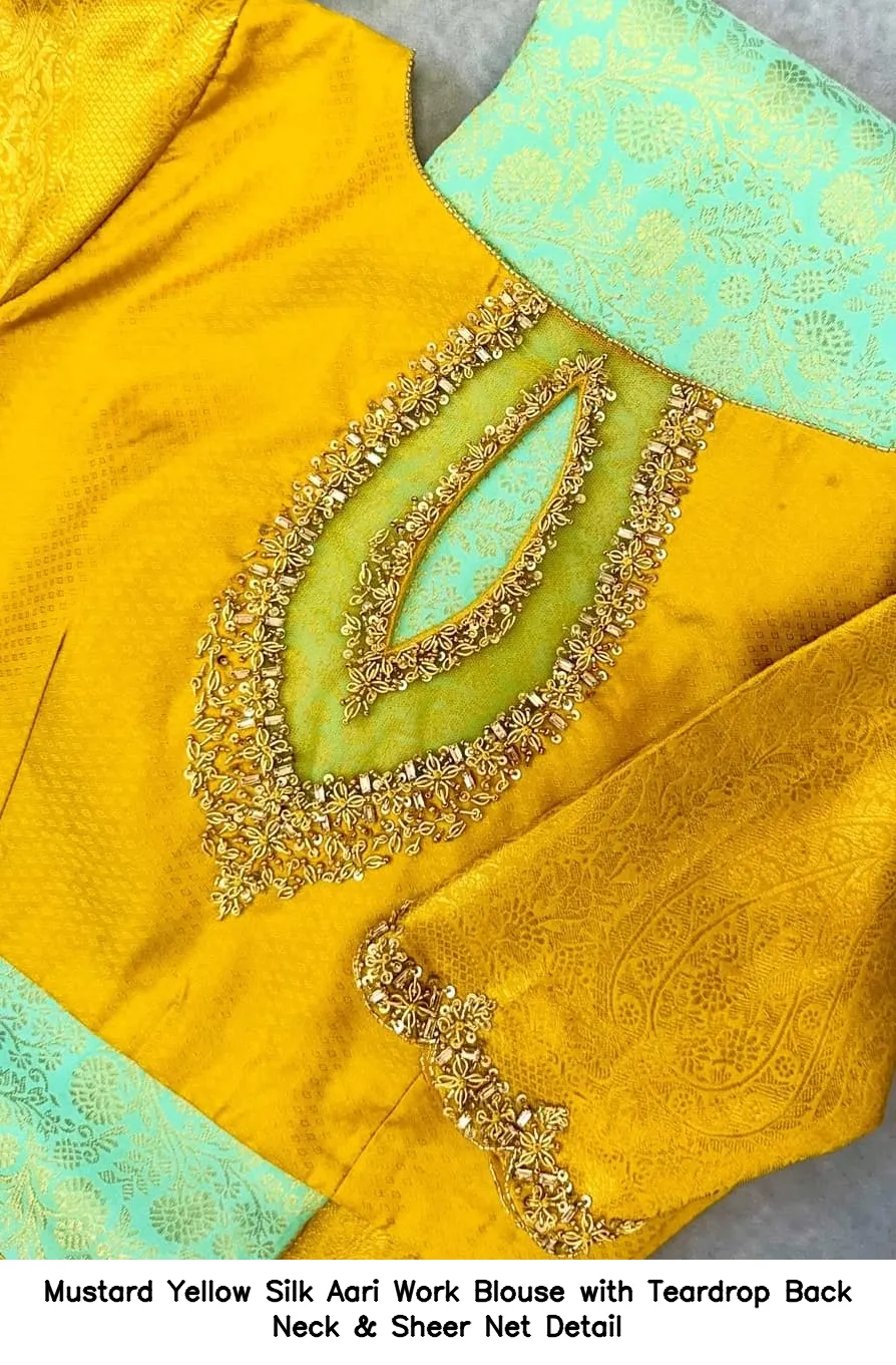 Mustard Yellow Silk Aari Work Blouse with Teardrop Back Neck & Sheer Net Detail - Image 3