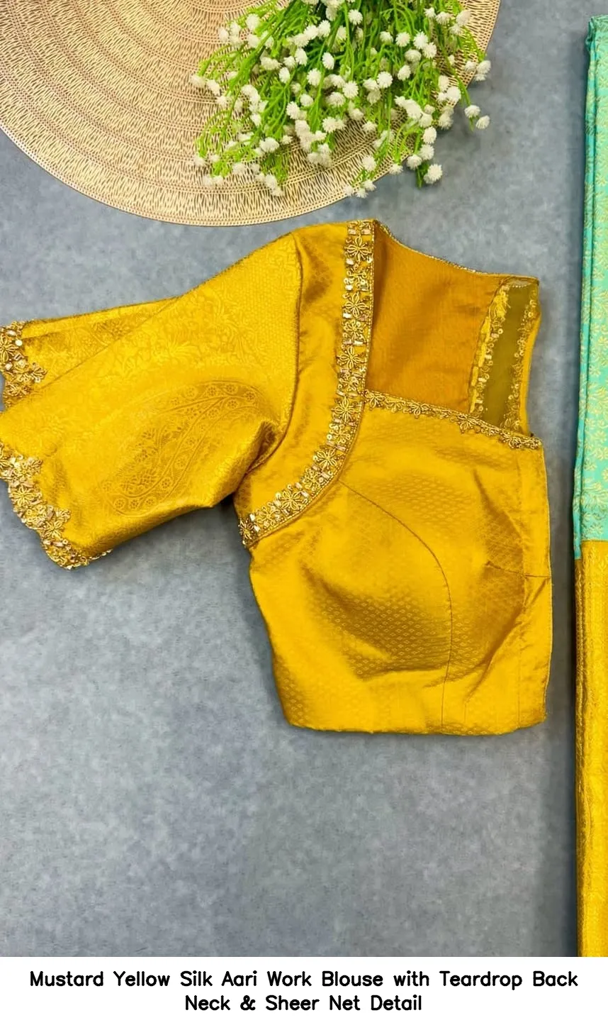 Mustard Yellow Silk Aari Work Blouse with Teardrop Back Neck & Sheer Net Detail - Image 4