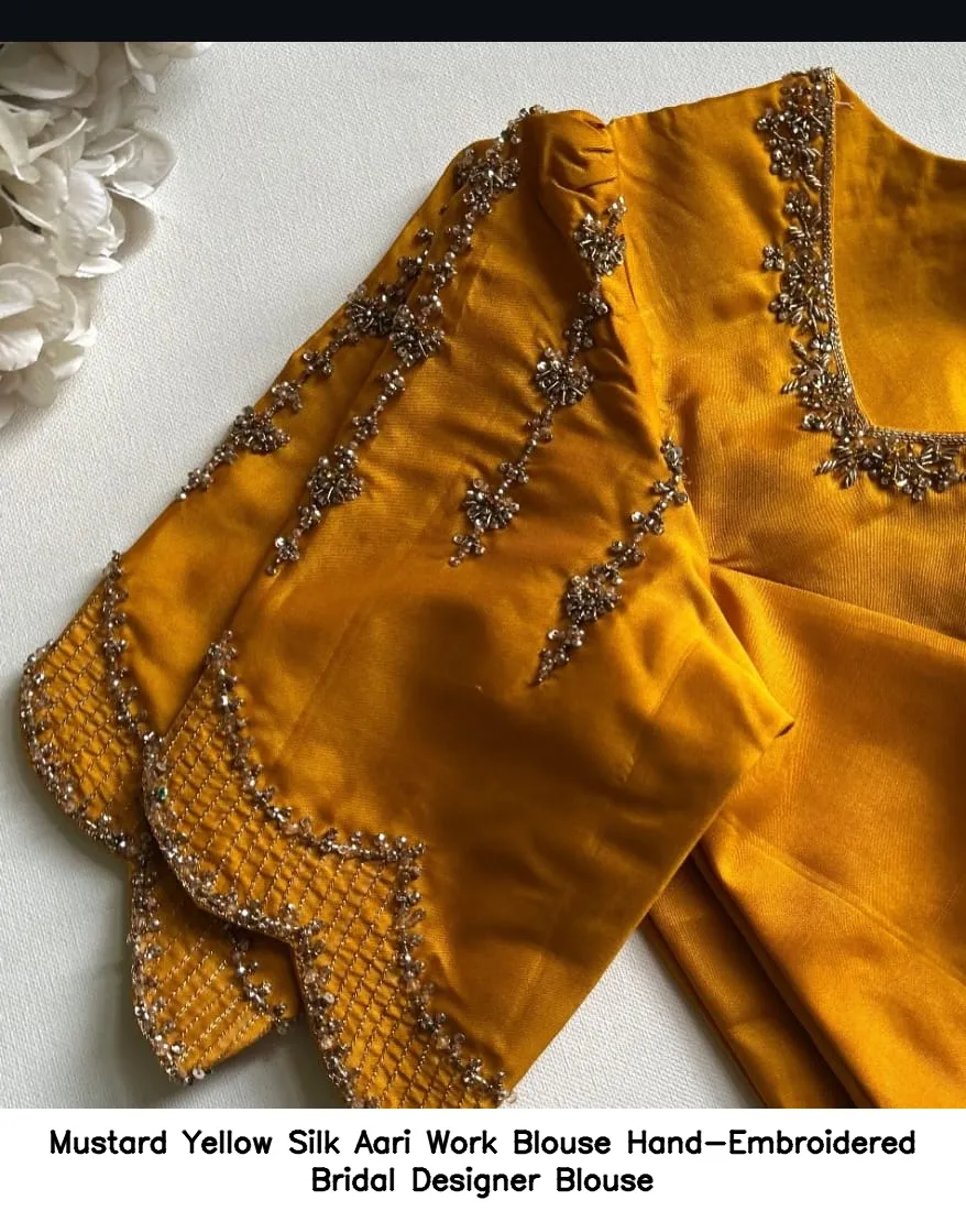 Mustard Yellow Silk Aari Work Blouse – Hand-Embroidered Bridal Designer Blouse