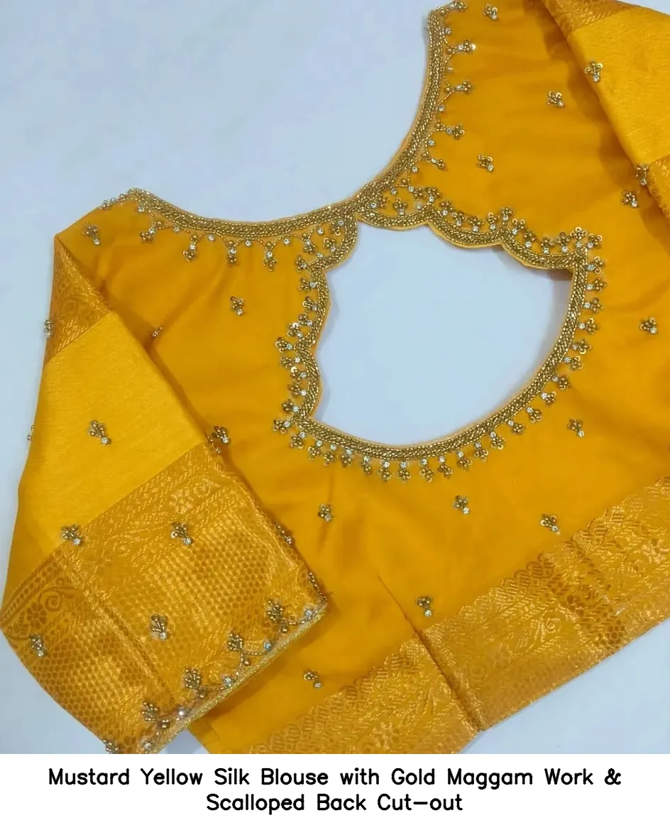 Mustard Yellow Silk Blouse with Gold Maggam Work & Scalloped Back Cut-out