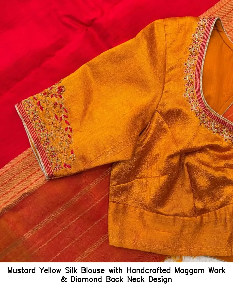 Mustard Yellow Silk Blouse with Handcrafted Maggam Work & Diamond Back Neck Design