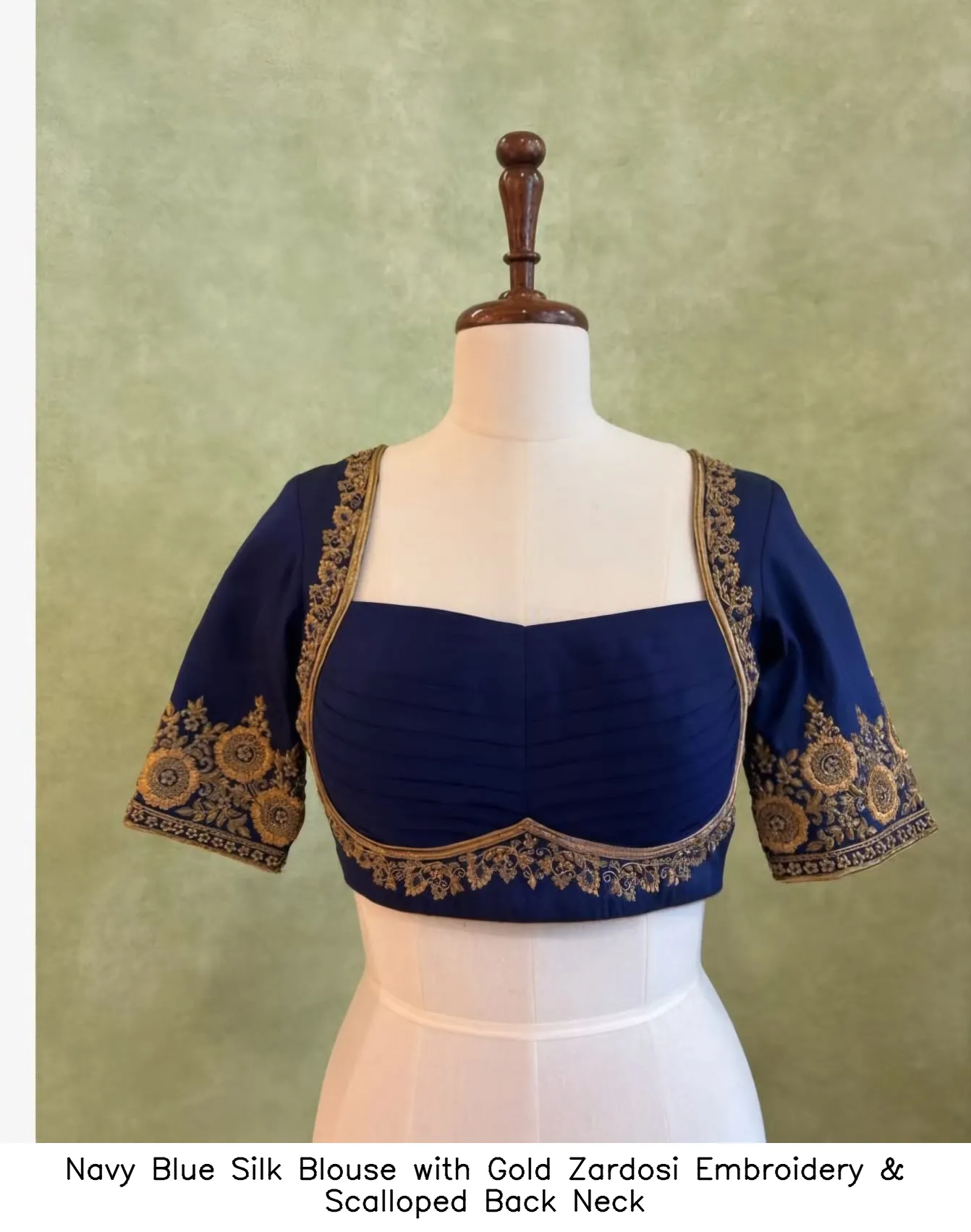 Navy Blue Silk Blouse with Gold Zardosi Embroidery & Scalloped Back Neck
