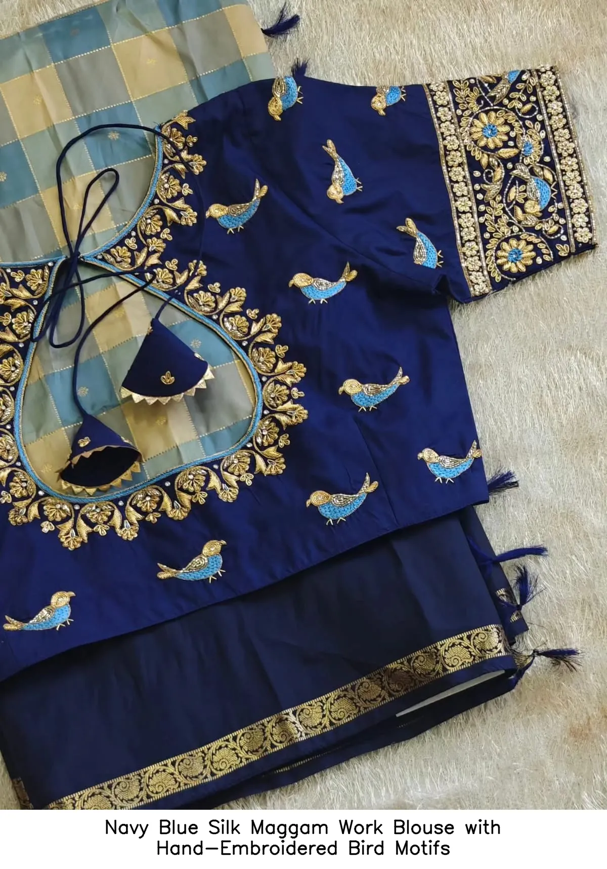 Navy Blue Silk Maggam Work Blouse with Hand-Embroidered Bird Motifs