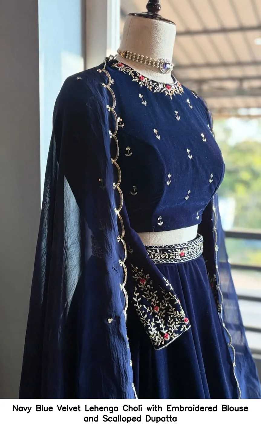 Navy Blue Velvet Lehenga Choli with Embroidered Blouse and Scalloped Dupatta