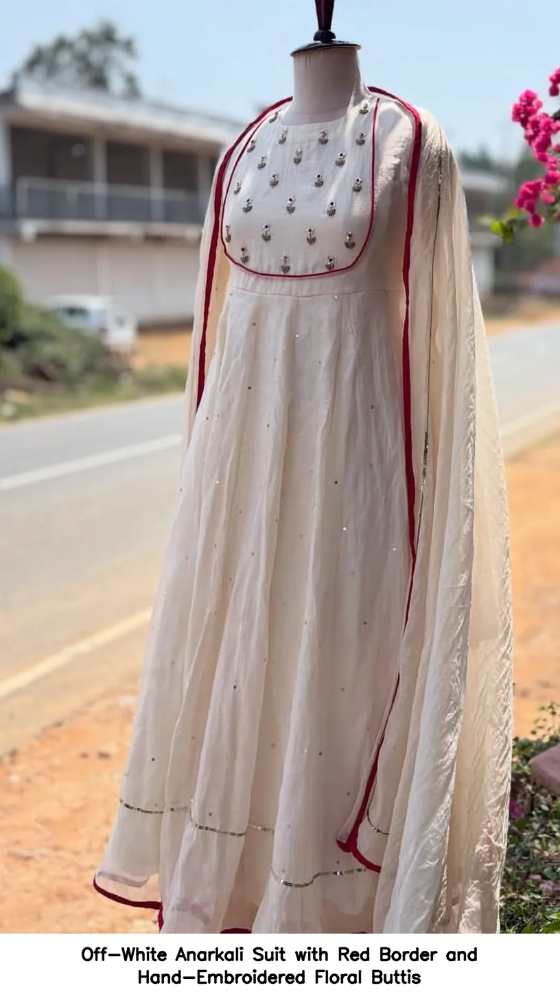 Off-White Anarkali Suit with Red Border and Hand-Embroidered Floral Buttis