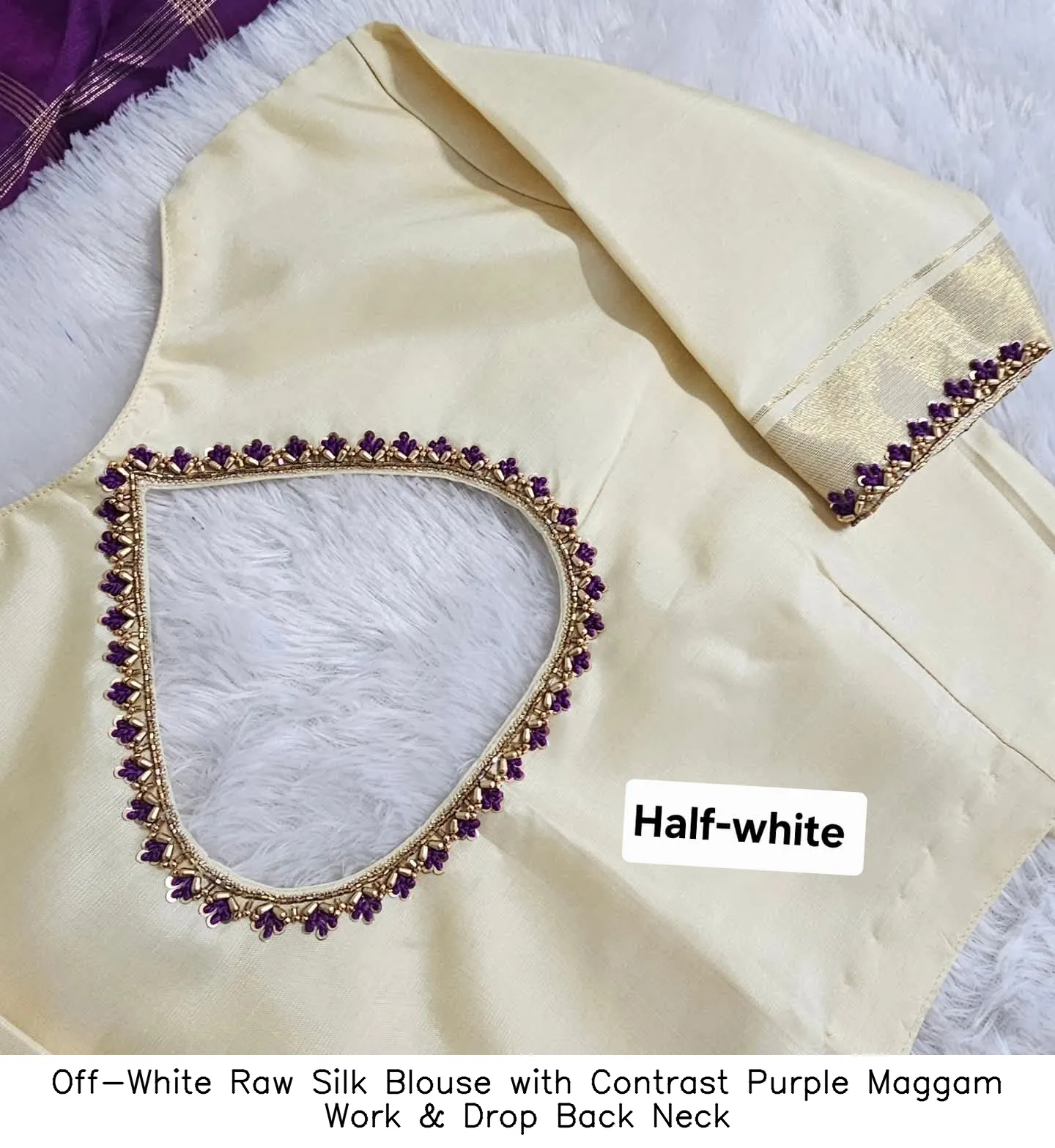 Off-White Raw Silk Blouse with Contrast Purple Maggam Work & Drop Back Neck - Image 2