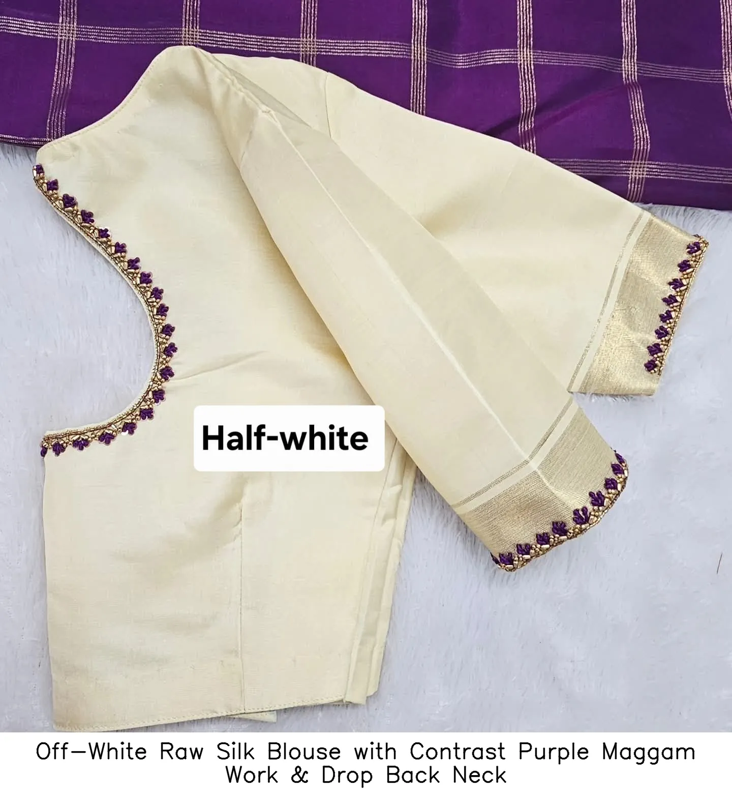 Off-White Raw Silk Blouse with Contrast Purple Maggam Work & Drop Back Neck - Image 3