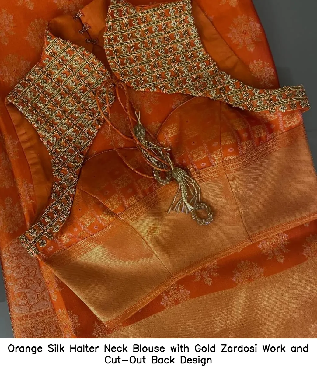 Orange Silk Halter Neck Blouse with Gold Zardosi Work and Cut-Out Back Design