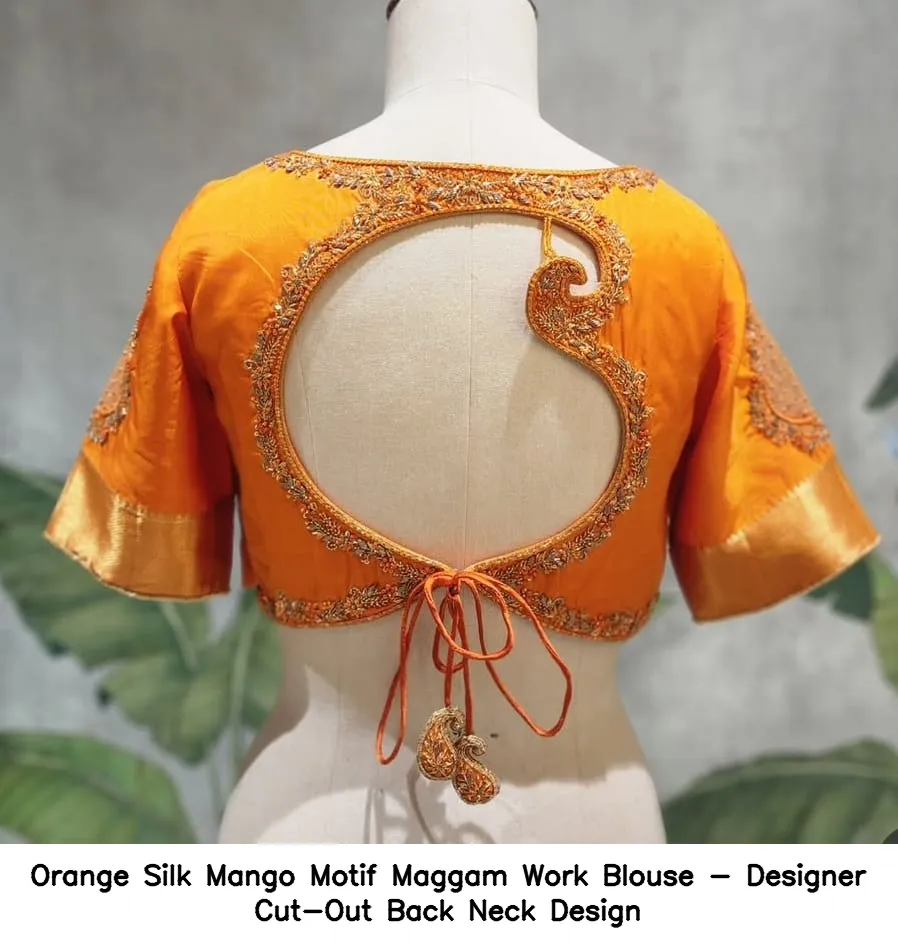 Orange Silk Mango Motif Maggam Work Blouse - Designer Cut-Out Back Neck Design