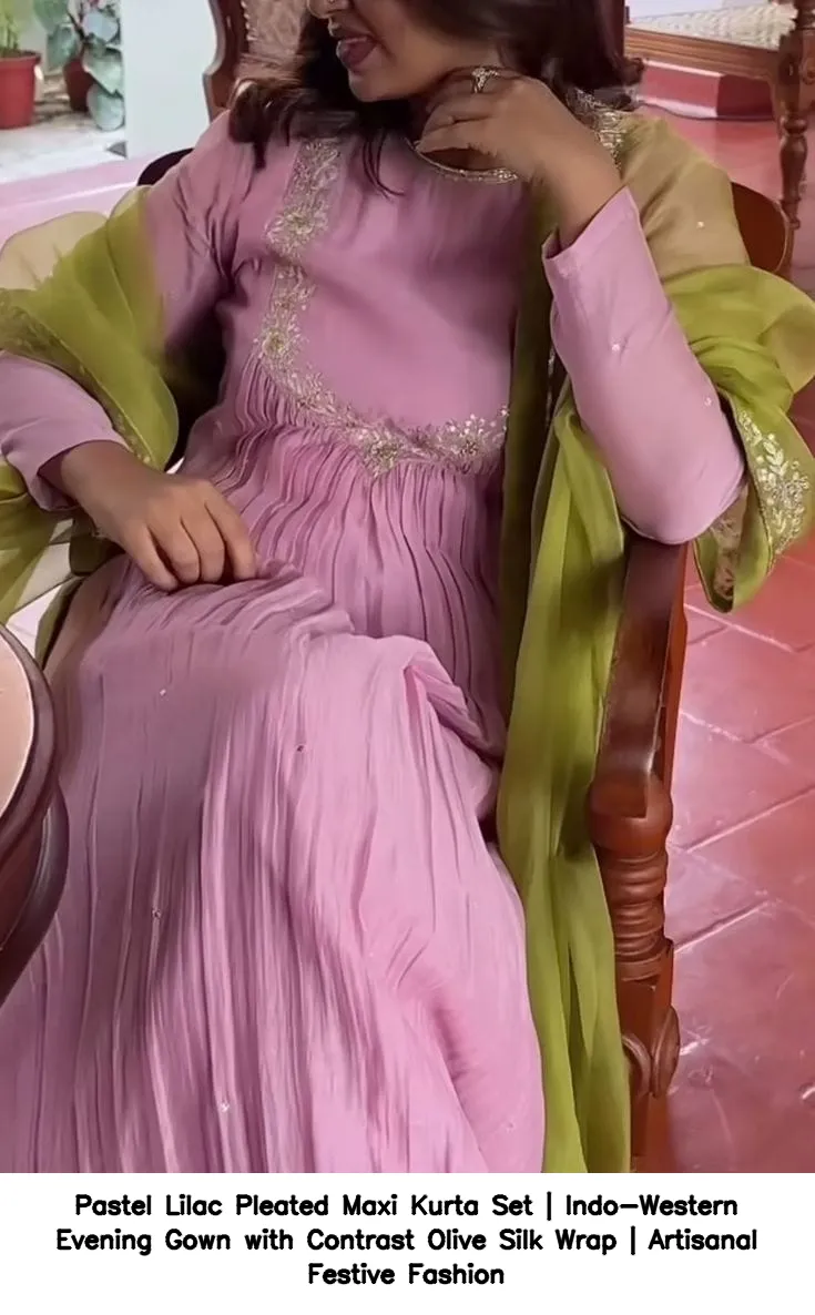 Pastel Lilac Pleated Maxi Kurta Set | Indo-Western Evening Gown with Contrast Olive Silk Wrap | Artisanal Festive Fashion