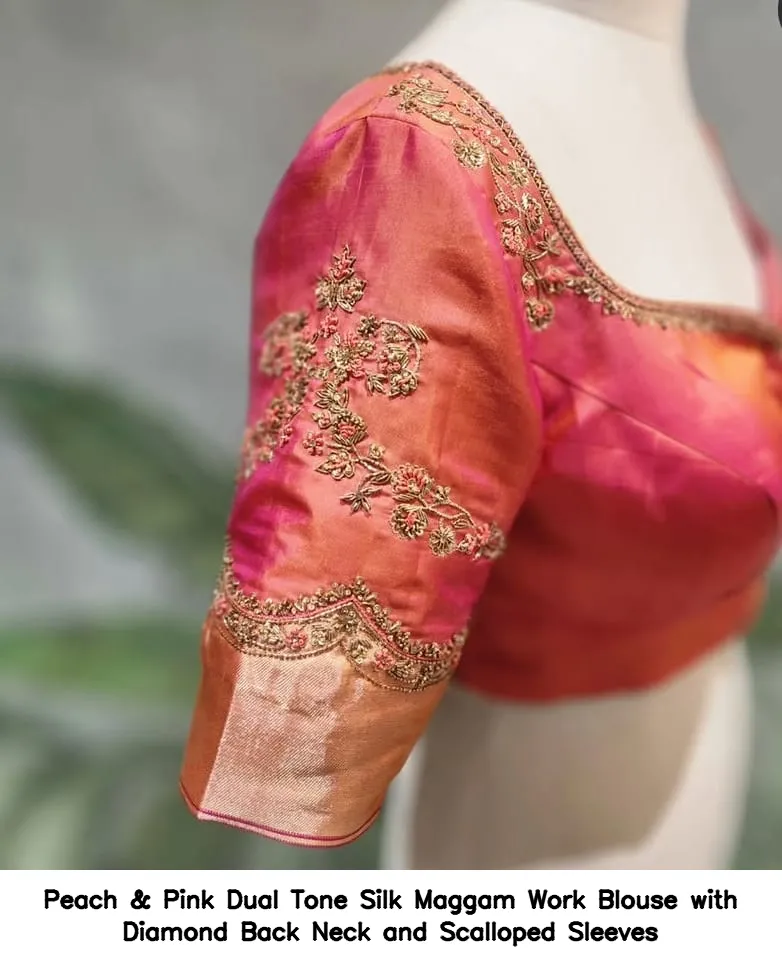 Peach & Pink Dual Tone Silk Maggam Work Blouse with Diamond Back Neck and Scalloped Sleeves