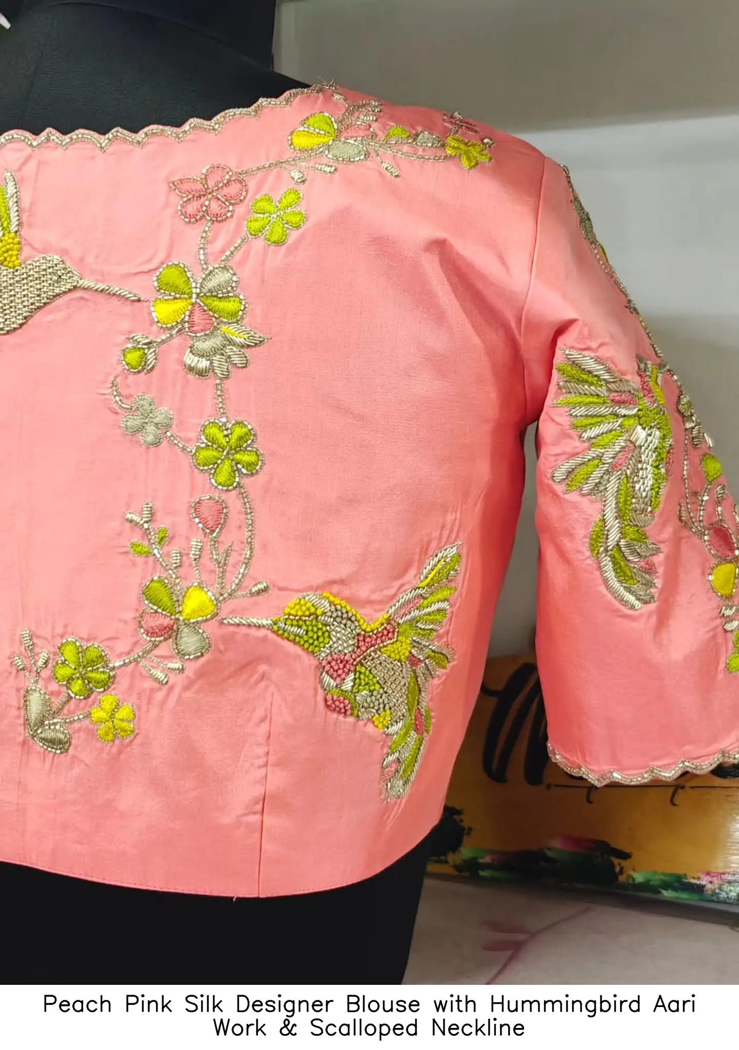 Peach Pink Silk Designer Blouse with Hummingbird Aari Work & Scalloped Neckline - Image 2